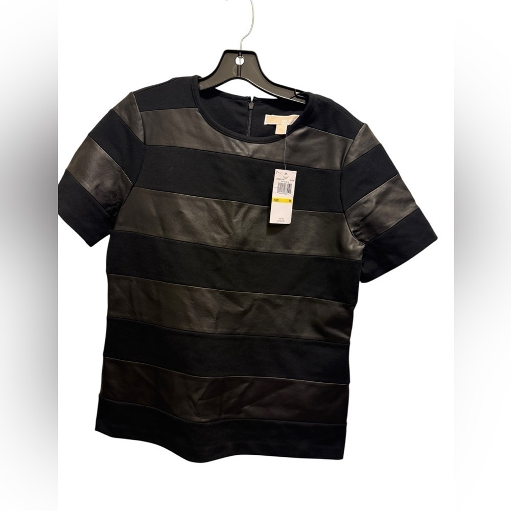 Michael Kors black boxy short-sleeve tee with alternating leather stripes